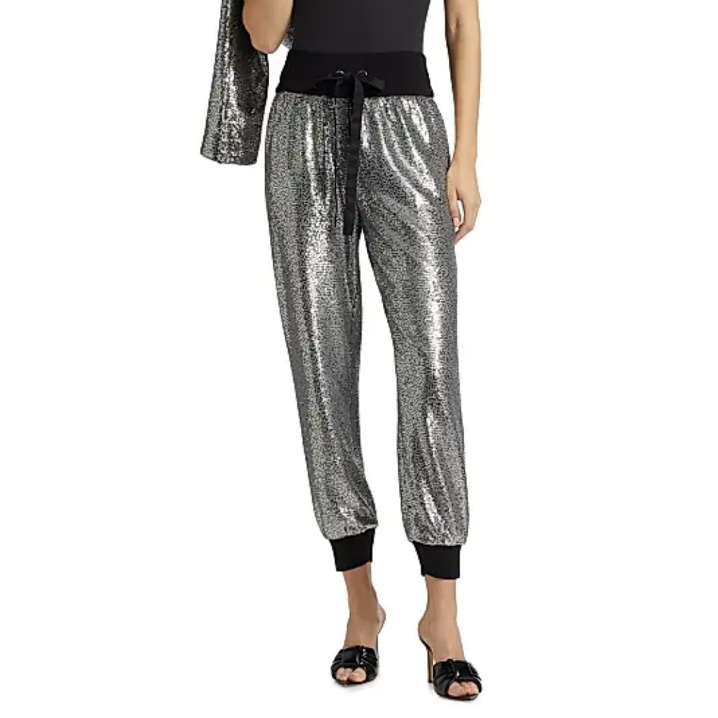 Cinq Sept Giles Sequin Joggers Banded Drawstring Waist Silver Size Xs